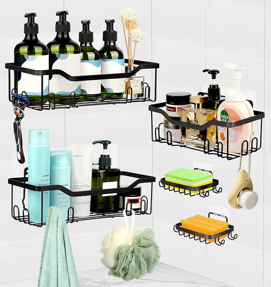 Shower Caddy Sheves, [ 5 Pack ] Adhesive Bathroom Shelf Organizer with Soap Holder, No Drilling Wall Mounted SUS 304 Stainless Steel Shower Wall Shelves, Rustproof Storage Basket Rack for Home Bathroom Kitchen Toilet (Matte Black)