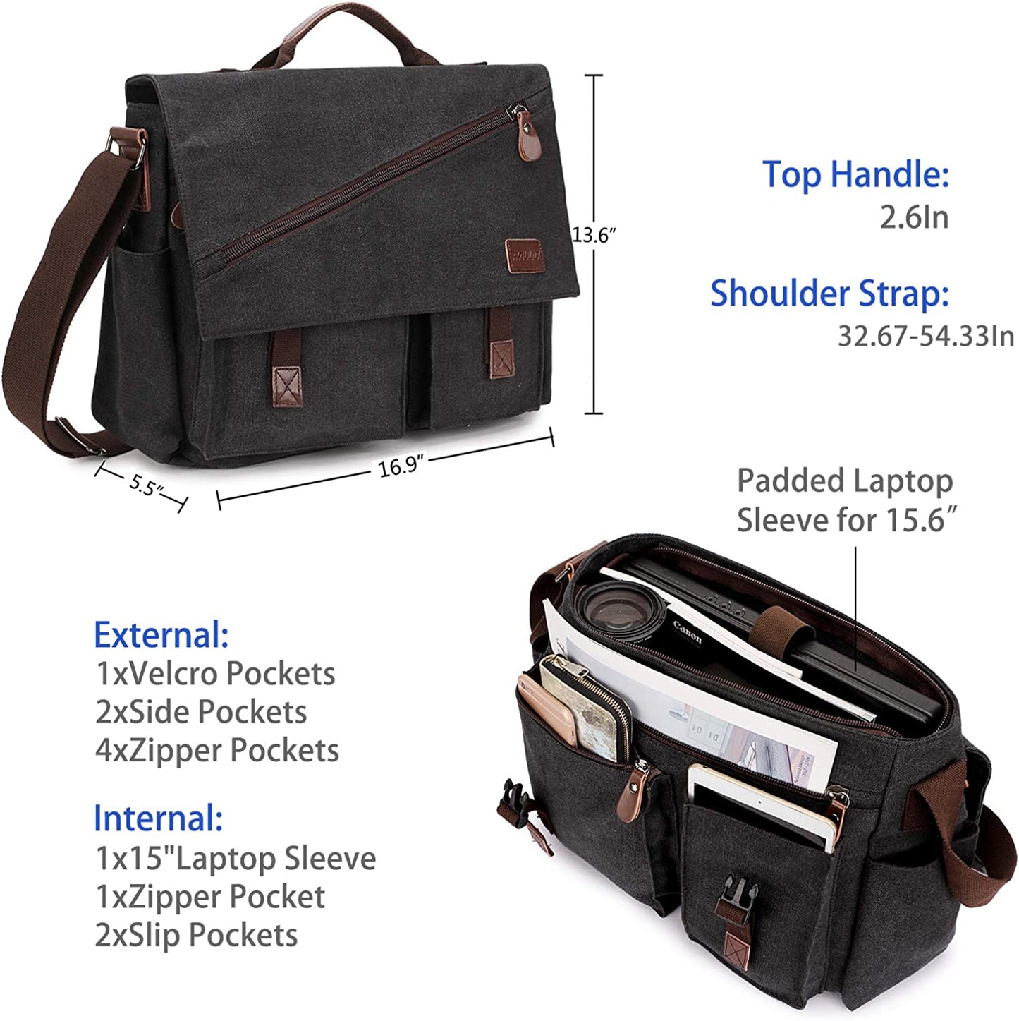 Messenger Bag for Men,Water Resistant Canvas Satchel 14 15.6 17 Inch Laptop Briefcases Business Shoulder Bookbag by RAVUO