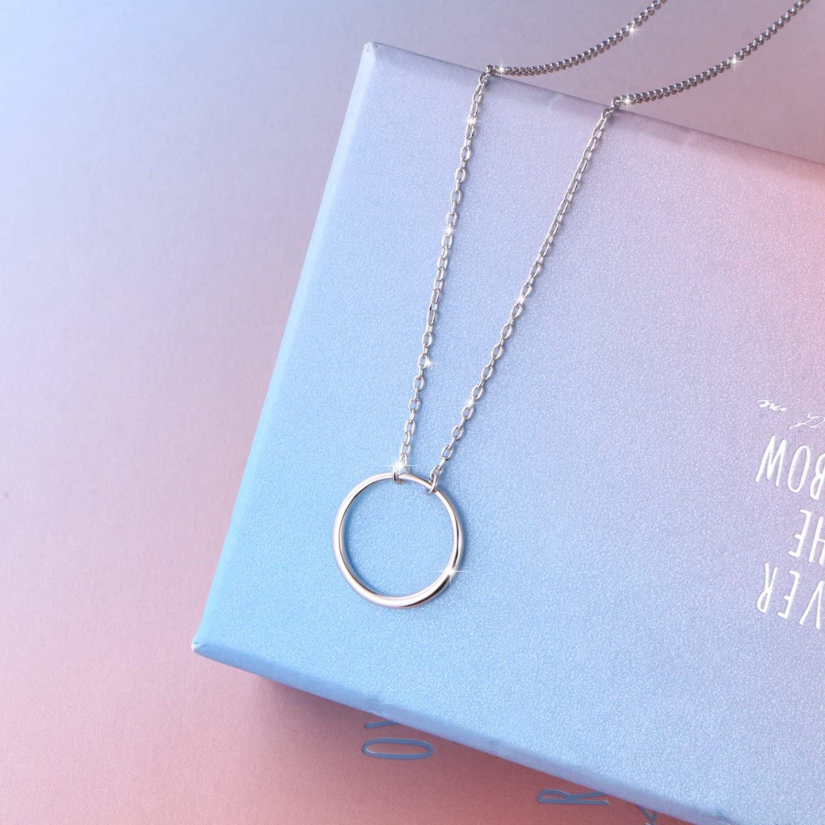 Ladytree S925 Sterling Silver Dainty Simple Circle Pendant Eternity Necklace,Rolo Chain,18+2