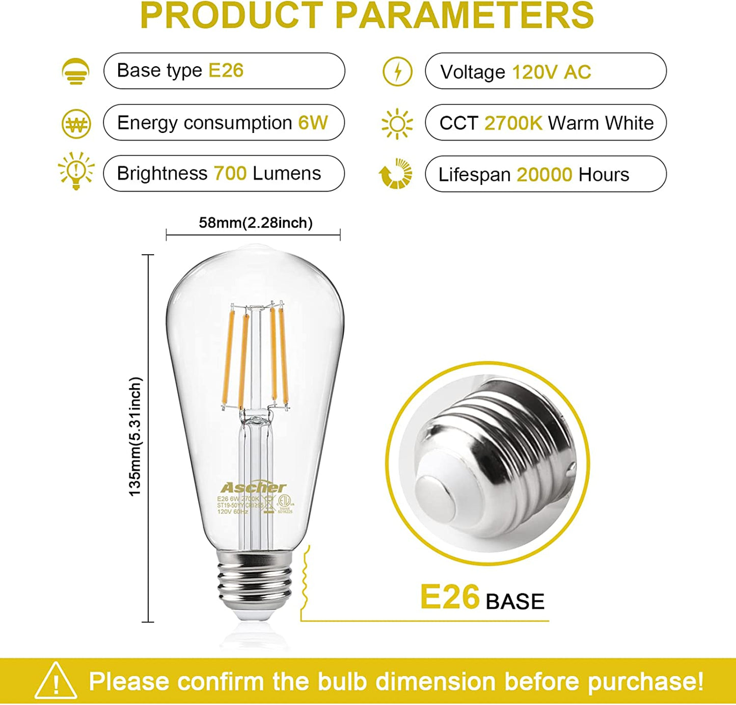 Ascher Dimmable LED Edison Bulbs 60 Watt Equivalent, Eye Protection Led Bulb with 95+ CRI, Warm White 2700K, ST58 Vintage LED Filament Bulbs, E26 Base, Pack of 6