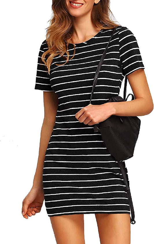 Women's Casual Short Sleeve Striped Bodycon T Shirt Short Mini Dress