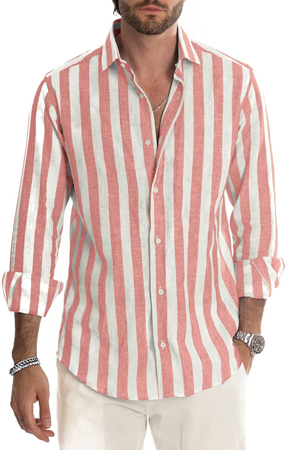 Men's Casual Long Sleeve Button-Down Shirts Striped Dress Shirts Cotton Shirt