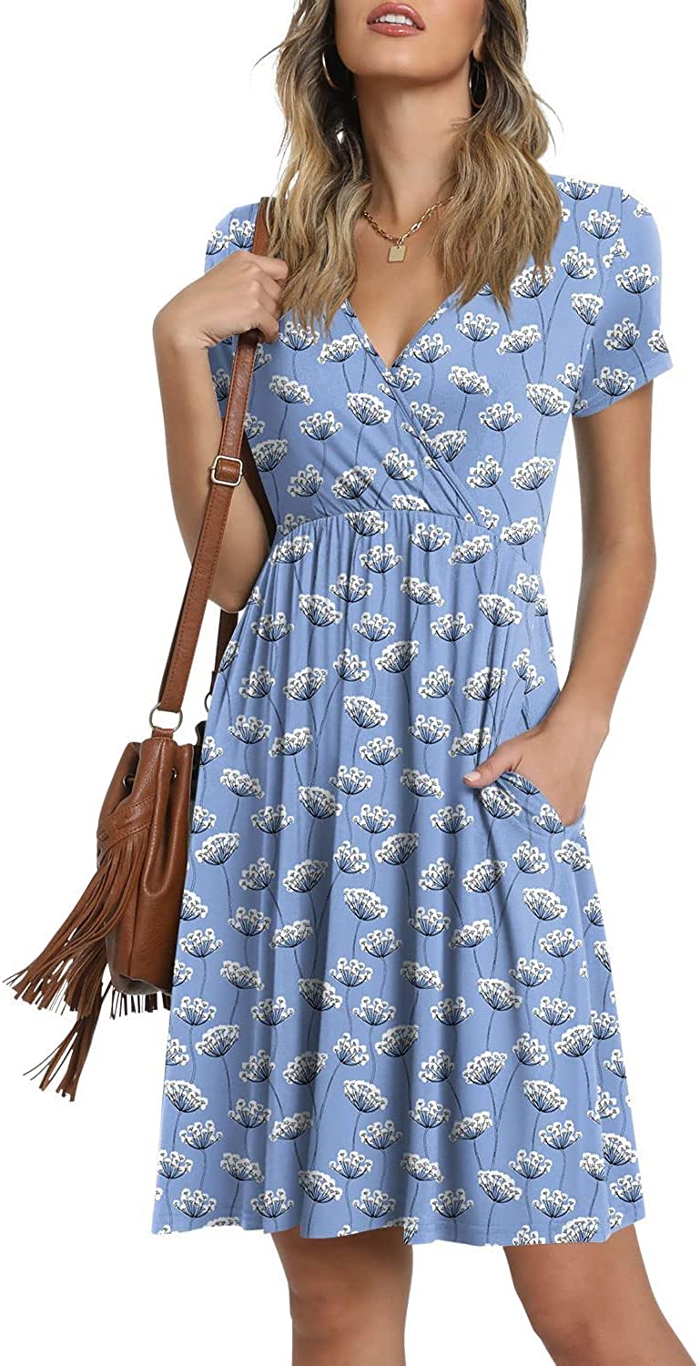 Summer Women's V Neck Dress, Printed Short Sleeve Neck Dress, Casual Loose Floral Beach Dress, Swing A-Line Dresses