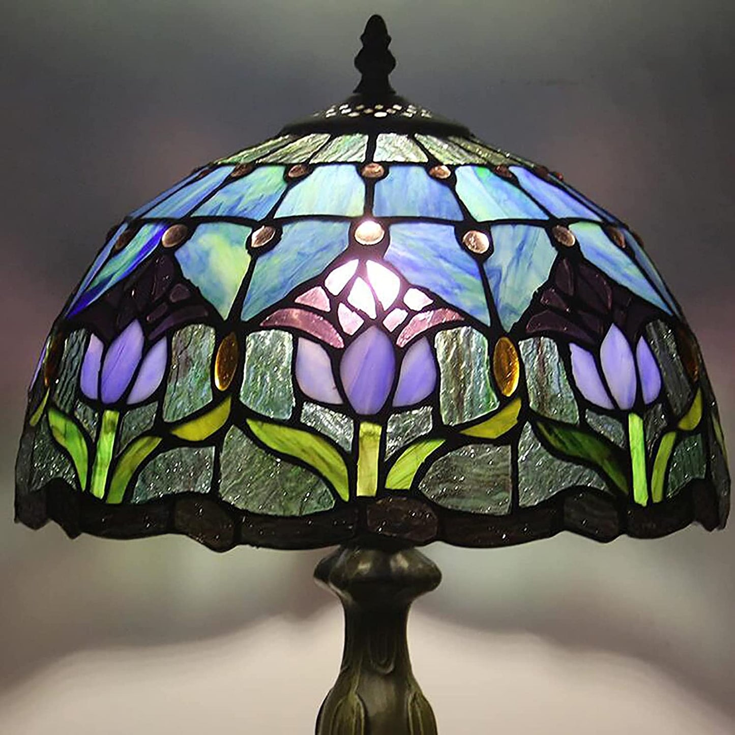 Errzom Tiffany Style Table Lamp Stained Glass Lamp Shade Purple Tulip Flower Reading Desk Light 12 Inches for Bedroom Study Living Room Office