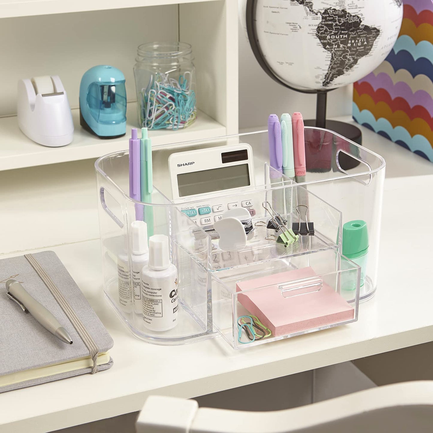 Bliss 4-Compartment Clear Plastic Organizer with Small Accessory Drawer | Rectangular Vanity Storage Bin with Pass-Through Handles | Round Corner Design | Made in USA