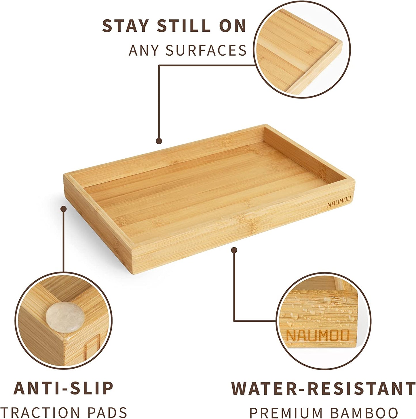 Bamboo Bathroom Counter Tray - Slip-Resistant - Large Vanity Trays for Dresser Top - Wooden Organizer for Perfume, Cologne - Decorative Holder for Skincare