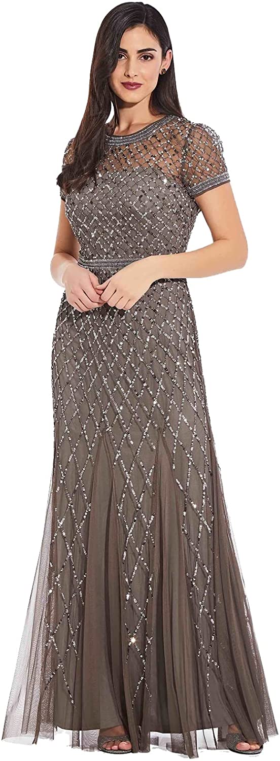 Papell Women's Short-Sleeve Beaded Mesh Gown