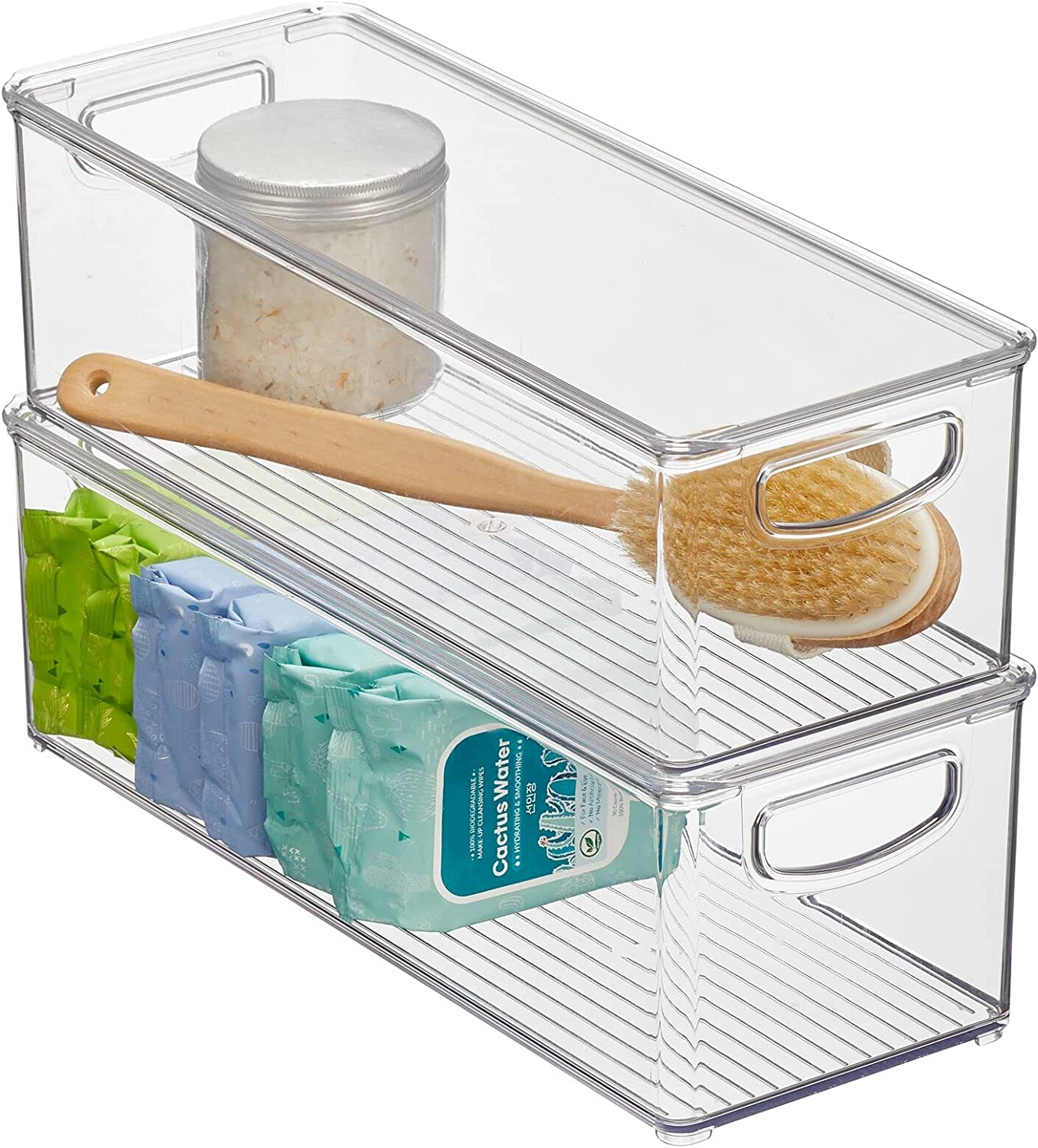 mDesign Deep Plastic Bathroom Storage Bin Box, Lid/Built-in Handles, Organization for Makeup, Hair Styling Tools, Toiletry Accessories in Cabinet, Shelves, Ligne Collection, 2 Pack, Clear/Clear