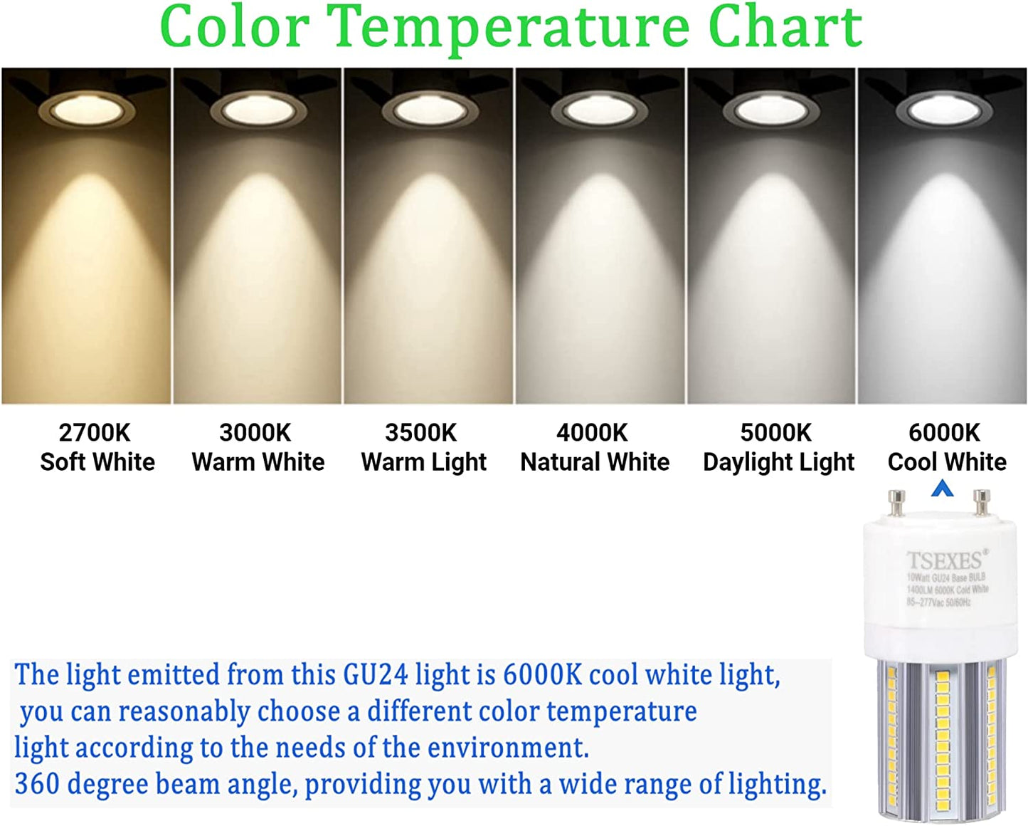 Gu24 Light Bulbs,10W (100W Equivalent), 6000K Cool White, Replacement 2 Prong T2 Spiral CFL Bulb/Compact Fluorescent ,2 Pack