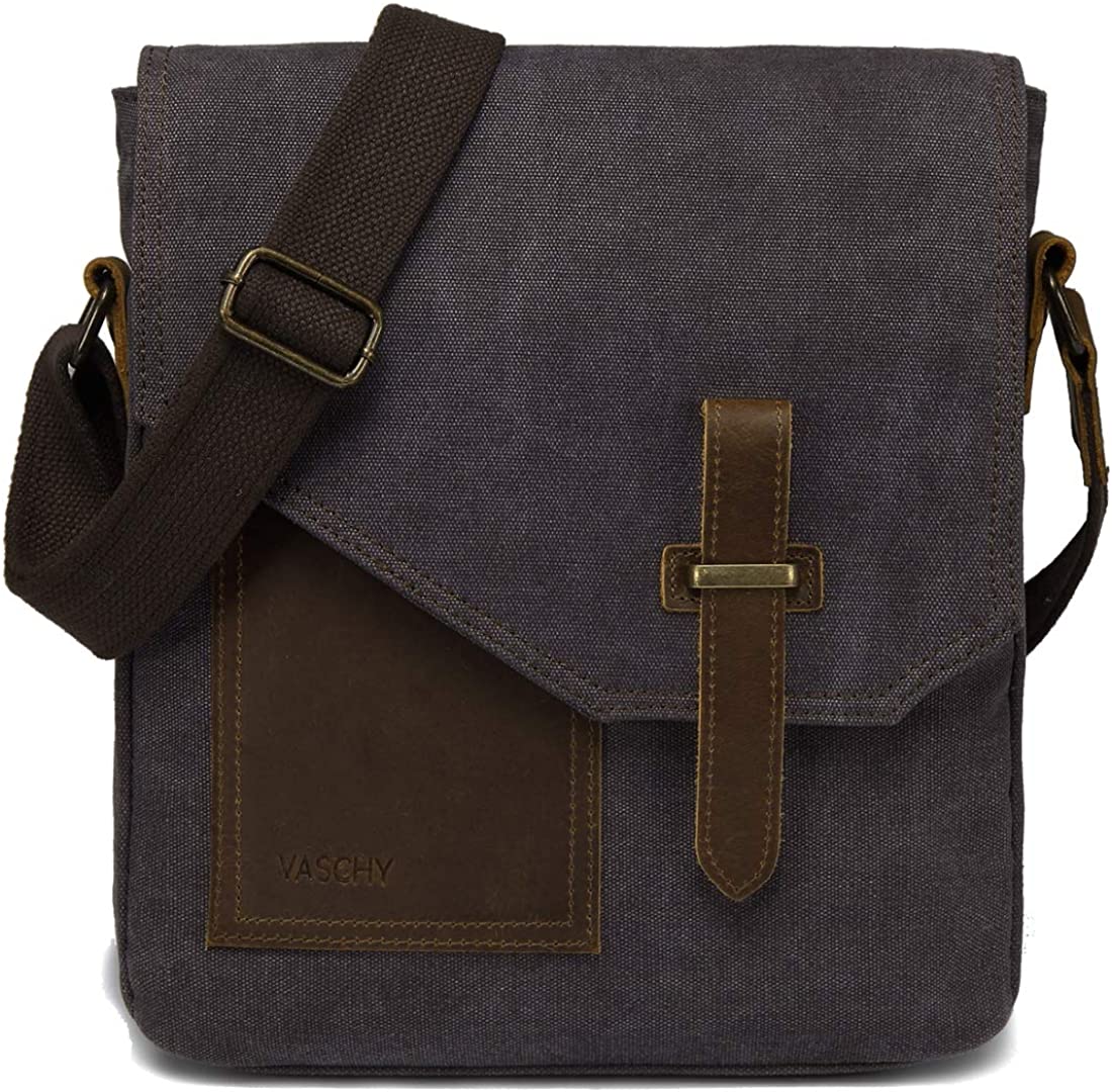 Small Messenger Bag,VASCHY Vintage Canvas Leather Lightweight Crossbody Bag