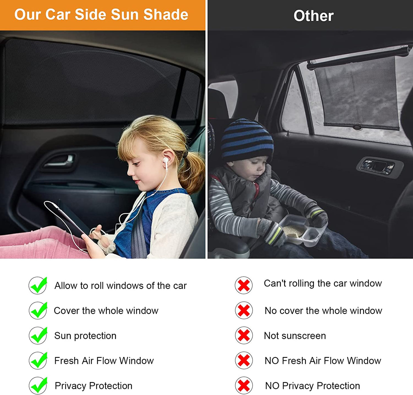 Car Window Shades,2 Pack Breathable Mesh Side Window Sunshades Cover for Baby,Side Window Screen for Privacy,Sun Glare Protection for Family Pets,Car Camping Trip Interior Accessories