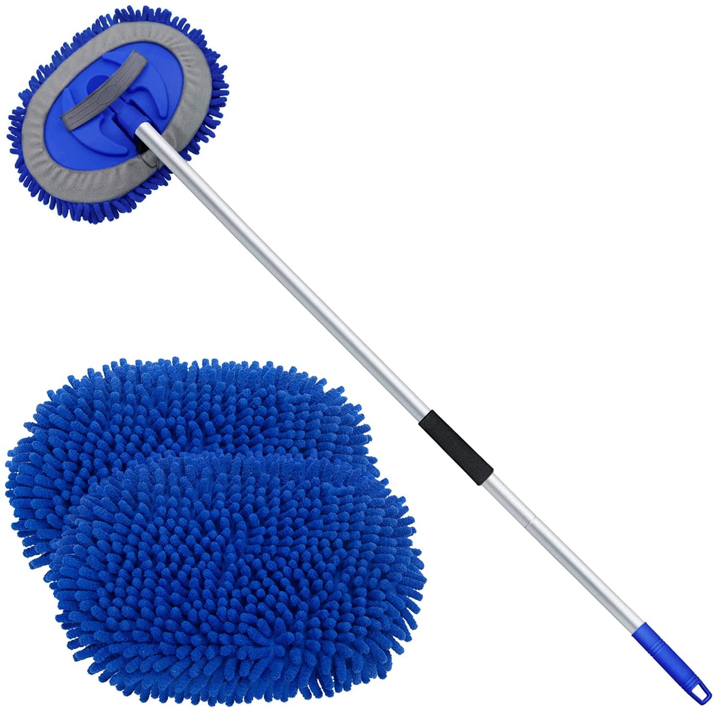 62" Microfiber Car Wash Brush Mop Kit Mitt Sponge with Long Handle Car Cleaning Supplies Kit Duster Washing Car Tools Accessories, 1 Chenille Scratch-Free Replacement Head Aluminum Alloy Pole
