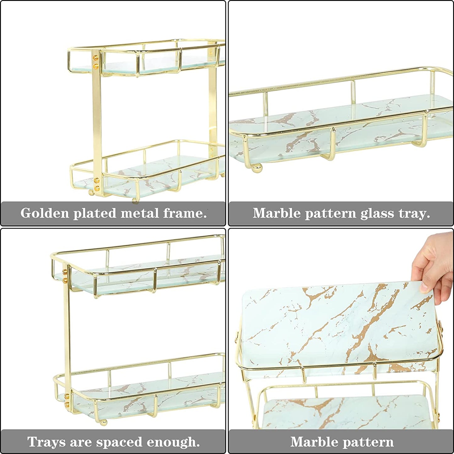 2-Tier Bathroom Organizer Countertop, Bathroom Countertop Storage Shelf with Removable Marble Glass Tray , Vanity Tray Cosmetic Organizer Holder Gold