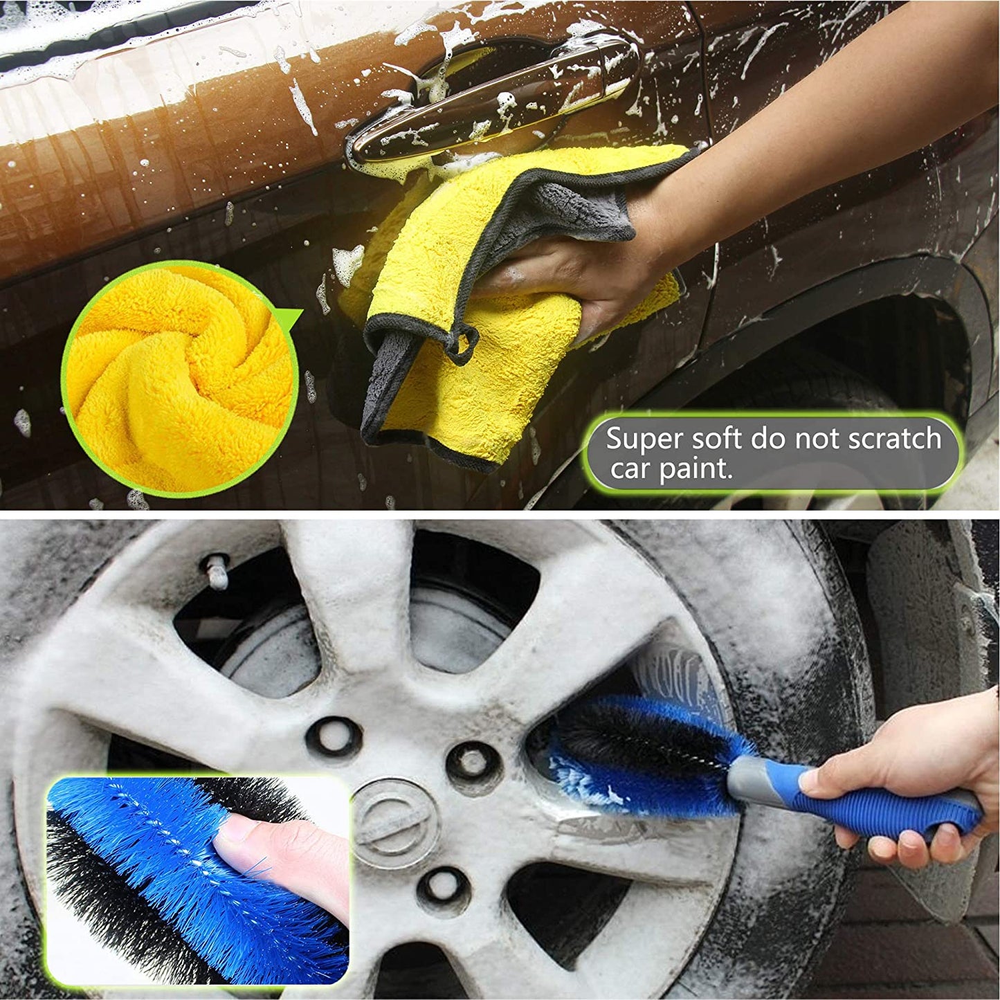 7pcs Car Wash Brush Kits with 42.5" Aluminum Alloy Long Handle,Car Wash Kit Auto Care–Exterior and Interior Cleaning–Tire Wheel Brush–Window Squeegee–Window Cleaner Tool-Tool Bag