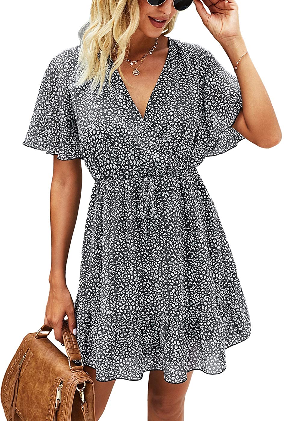 Women’s Summer Dress Short Sleeve Ruffle Leopard Print Sexy V Neck High Waist Short Flowy Mini Dress with Belt