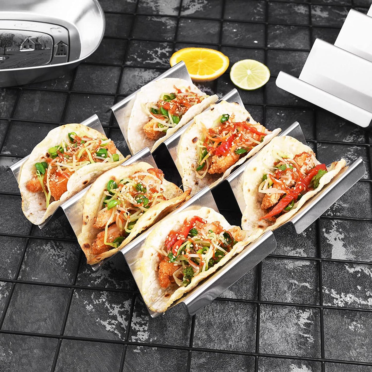 Taco Holders 4 Packs - Stainless Steel Taco Stand Rack Tray Style by ARTTHOME, Oven Safe for Baking, Dishwasher and Grill Safe