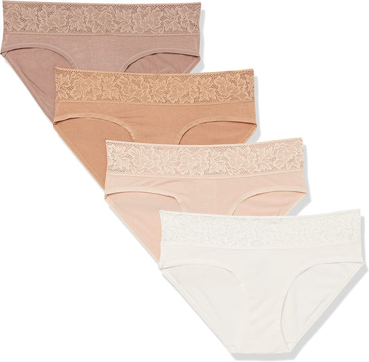 Essentials Women's Standard Modal with Lace Panty (Thong or Bikini), Pack of 4