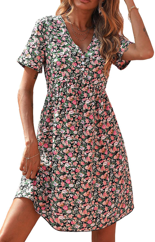 Summer Dress for Women Short Sleeve V Neck Ruffled Floral Swing A-Line Dresses