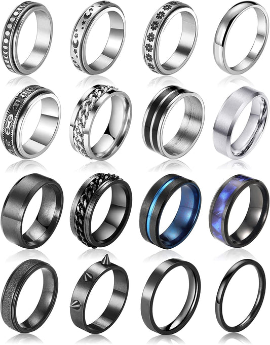 Stainless Steel Fidget Band Rings for Men Women Boys Girls, Anxiety Ring, Fidget Rings for Anxiety, Sliver Black Band Ring Set 8mm 6mm 4mm, Anti Anxiety Spinner Ring Cool Stress Relieveing Rings Set, Wedding Pormise Band Ring, FAXHION rings