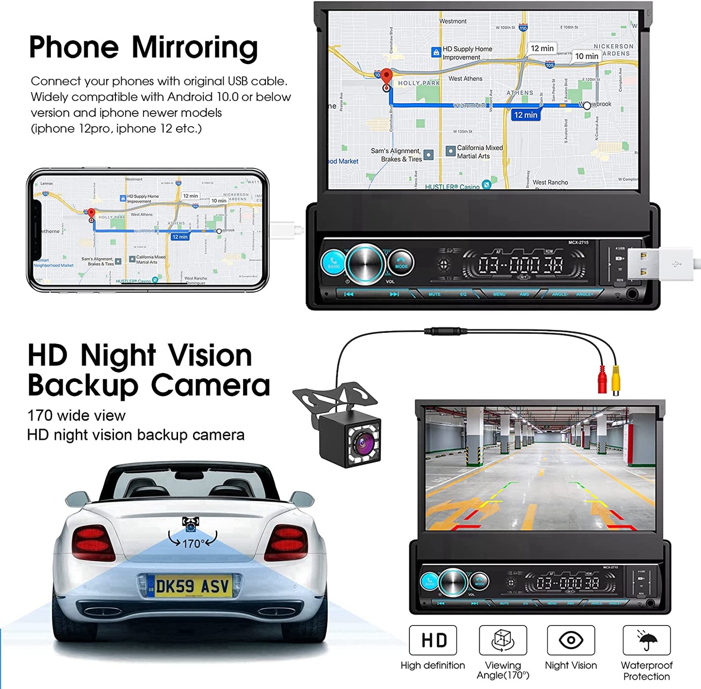 Single Din Car Stereo with Apple Carplay and Android Auto, 7 Inch Bluetooth Flip Out Head Unit with Subwoofer, USB/SD Port, A/V Input, FM Car Radio Receiver, Backup Camera