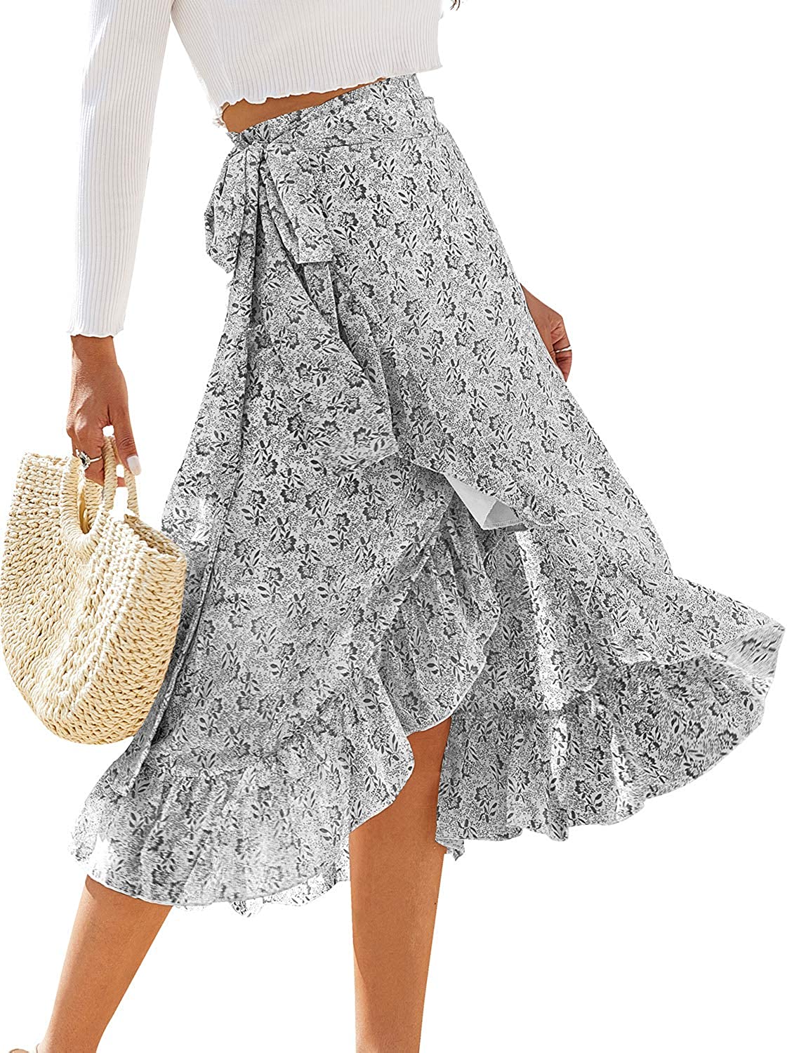 Womens Boho Floral Print High Waisted Wrap Skirts Ruffle Hem Tie Knot Summer Chiffon Flowy Midi Skirts