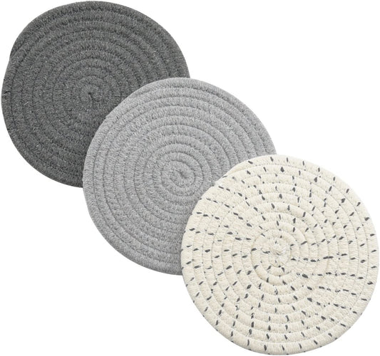 Trivets Set 100% Pure Cotton Thread Weave Hot Pot Holders Set (Set of 3) Stylish Coasters, Hot Pads, Hot Mats,Spoon Rest For Cooking and Baking by Diameter 7 Inches (Gray)