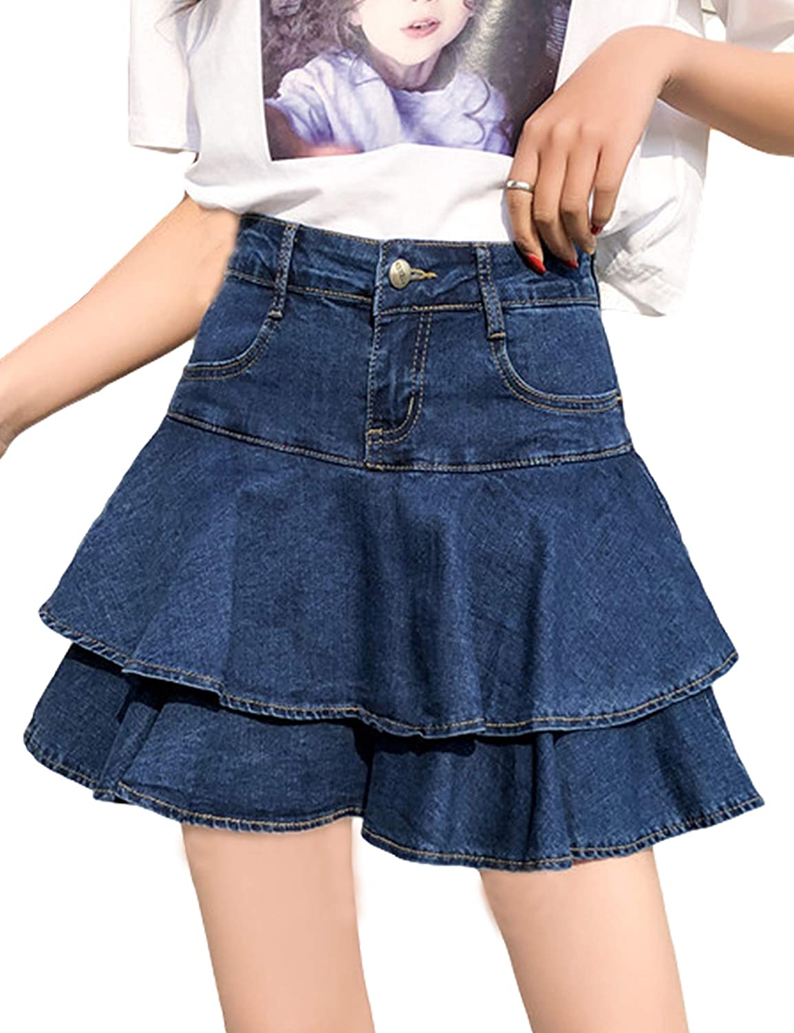 Women's Casual Slim A-line Pleated Ruffle Short Mini Denim Skirts