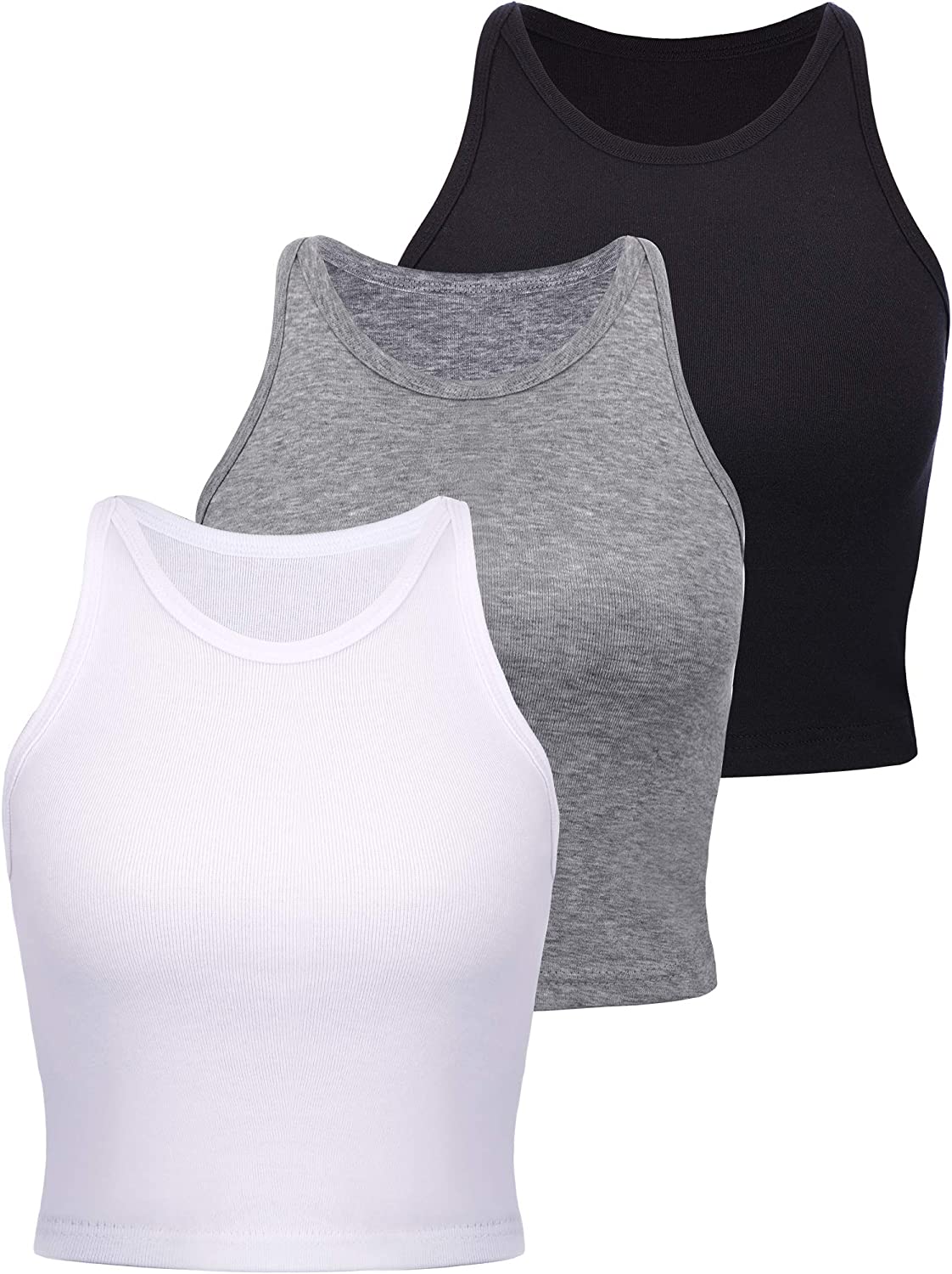 3 Pieces Women's Cotton Basic Sleeveless Racerback Crop Tank Top Sports Crop Top for Lady Girls Daily Wearing