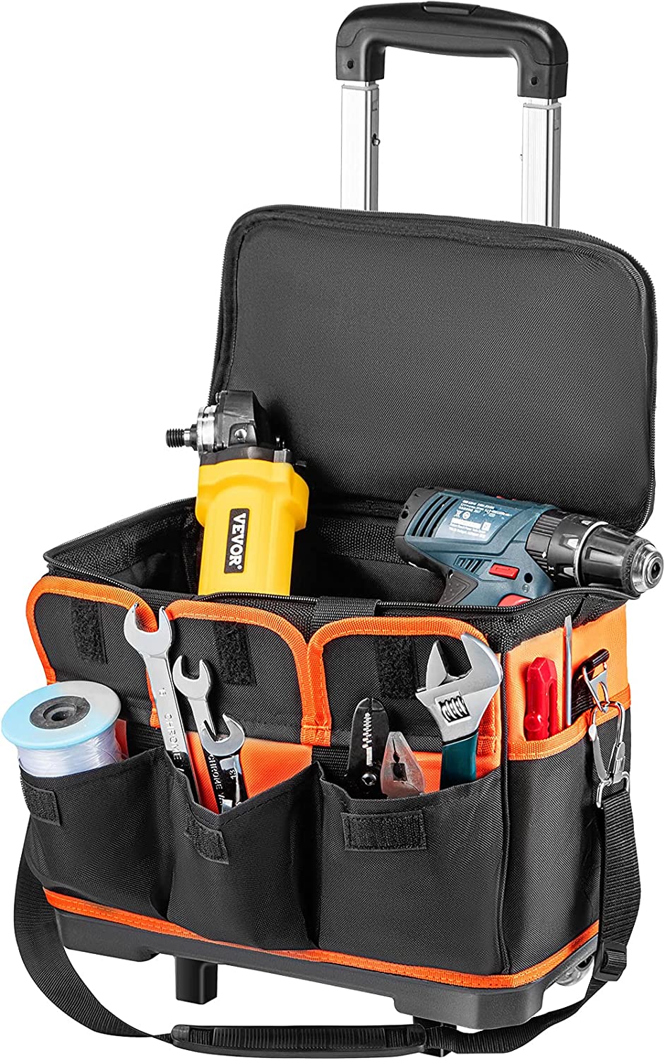 Rolling Tool Bag, 14in Tool Bag with Wheels, 17 Pockets Roller Tool Bag, 110lb Load Capacity Rolling Tool Bag w/Wheels, Roller Tool Box w/Two 2.56in Wheels, Rolling Tote w/Telescoping Handle