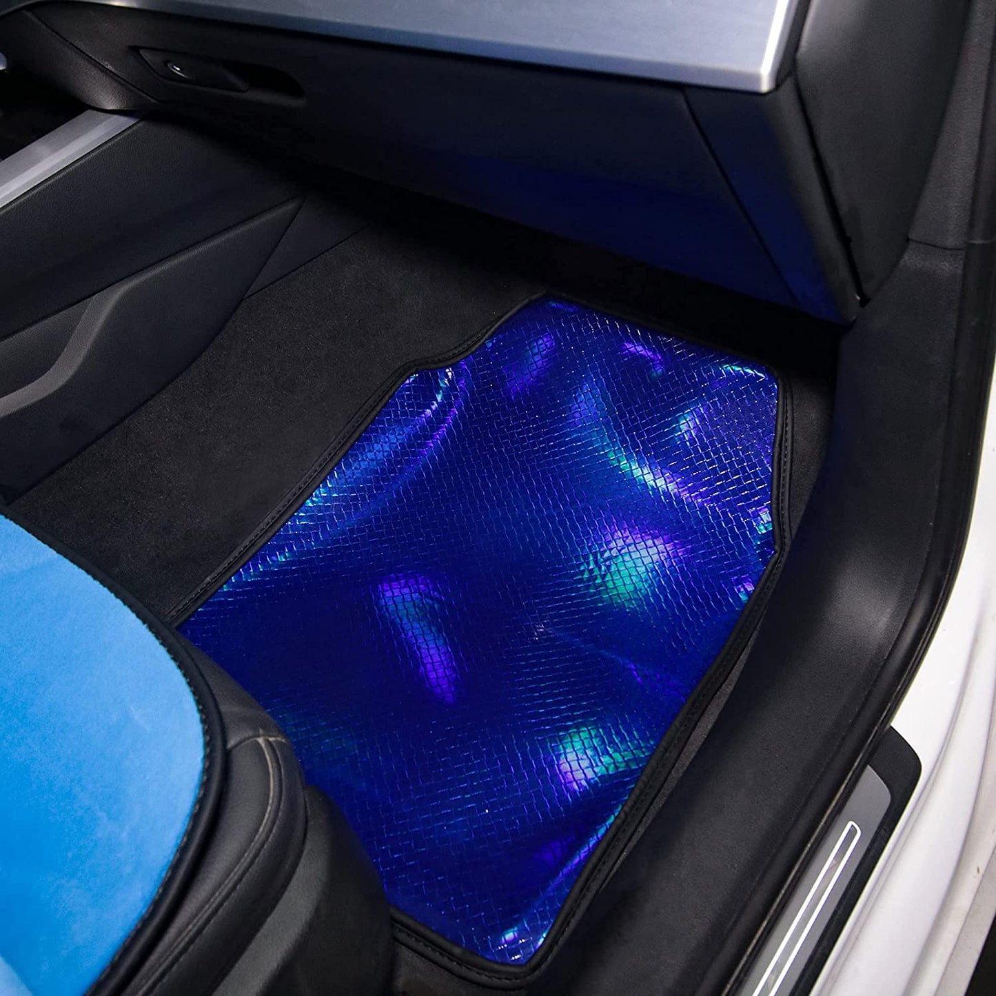 Leather Waterproof&Anti Slip Car Floor Mats for Men&Women,All Weather Universal Automotive Carpet with Hologram Laser Design (Blue)
