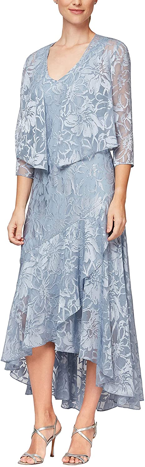 Evenings Women's Tea Length Printed Chiffon Dress with Shawl