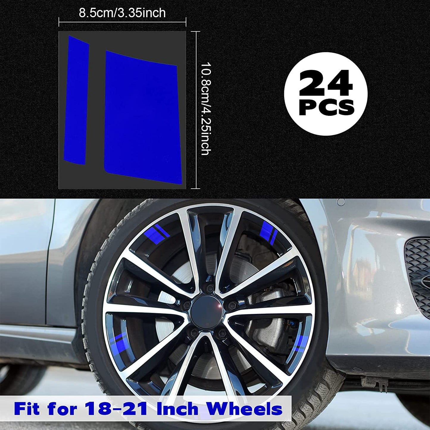 24 Pcs Wheel Rims Decal Stripes Reflective Car Stickers Wheel Hub Stickers Automotive Decals for 18-21 Inch Wheels Tire Rim Safety Automotive Exterior Accessories (Blue)