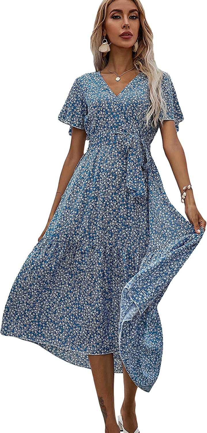 Womens Summer Dress Casual Ditsy Floral Tie Front Button Up Boho Midi Tshirt Dresses