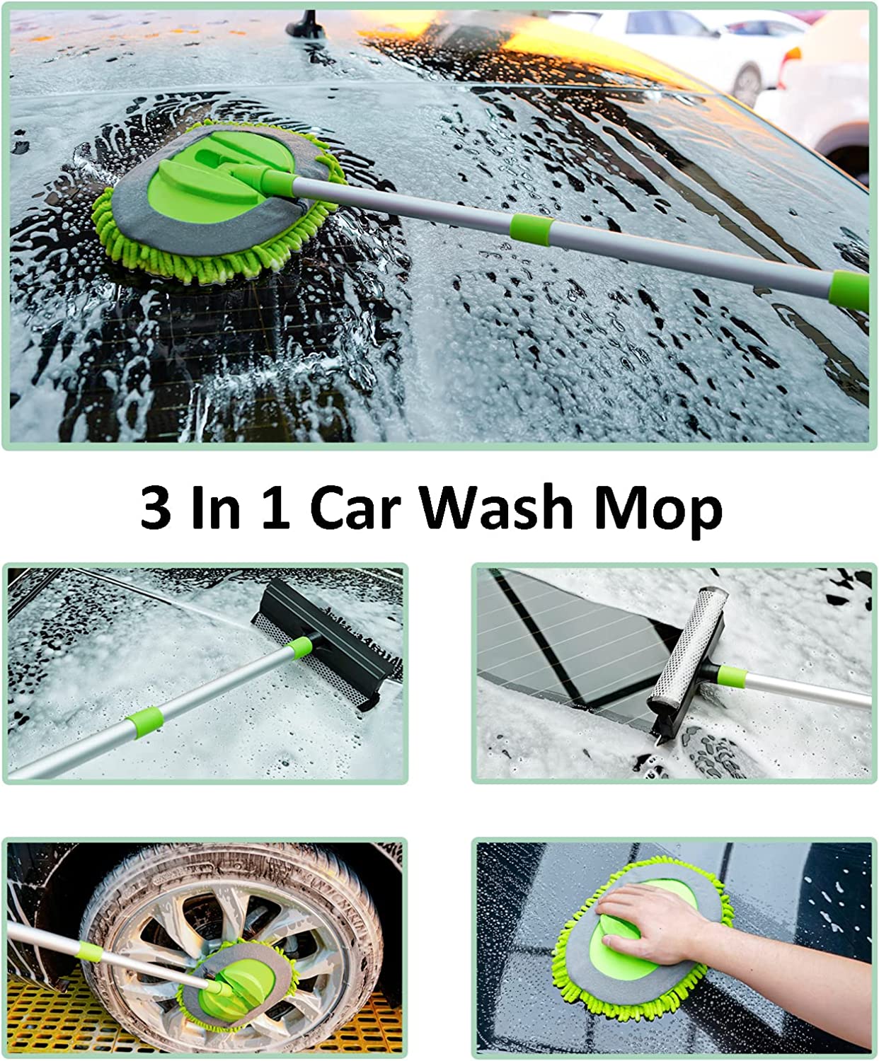15pcs Car Cleaning Kit, Car Wash Brush Mop with 43" Long Handle, Chenille Microfiber Mitt, Extendable Long Pole Window Water Scraper for Interior and Exterior Car Detailing Kit