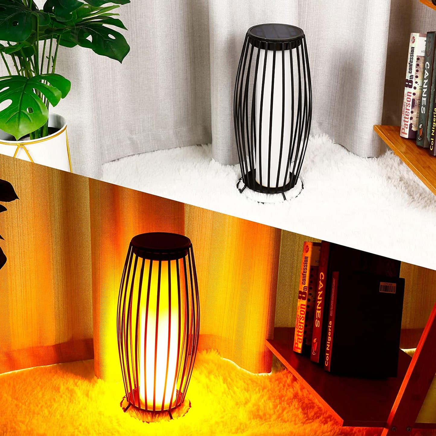 Outdoor&Indoor Solar Lantern Floor Lamp, Waterproof Solar Flickering Flame Light for Garden Decoration, Metal Solar USB Rechargeable Lamp Solar Outdoor Torch Lights(Black)