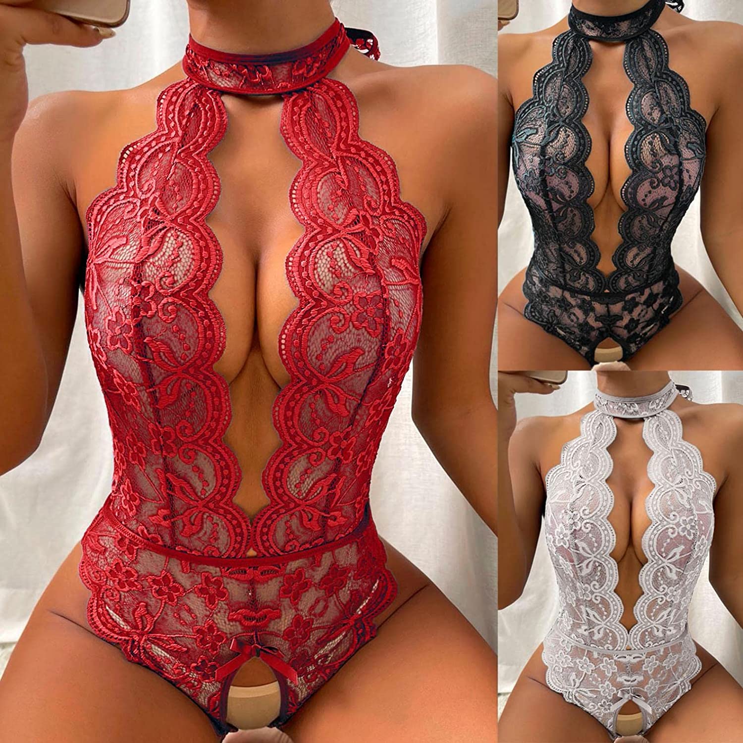 Women Sexy Lace Lingerie See Through Hollow Out Bodysuits Thong Ero