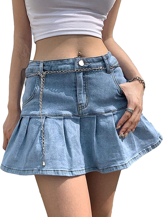 Women's Casual Slim A-line Pleated Ruffle Short Mini Denim Skirts