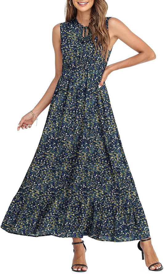 Women's Sleeveless Summer Tie Neck High Waist Casual Boho Dress Floral Print Ruffle Hem Long Beach Maxi Dresses