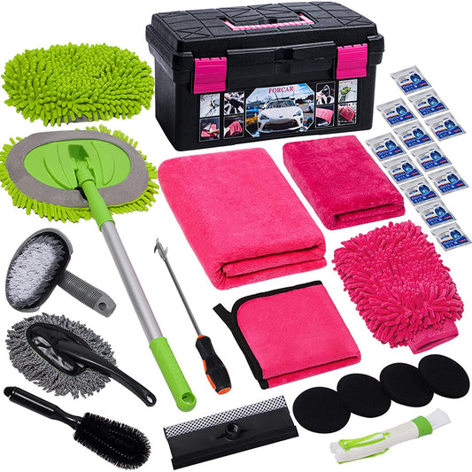 29Pcs Car Cleaning Kit Wash Tools Set with 41" Long Handle Brush Mop, Extendable Long Pole Window Water Scraper, Wash Mitt Large Towels, Storage Box for Interior and Exterior Detailing, Pink