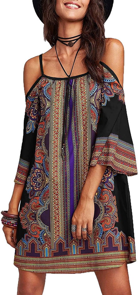 Women's Vintage Print Kimono Sleeve Geometric Tunic Boho Dress