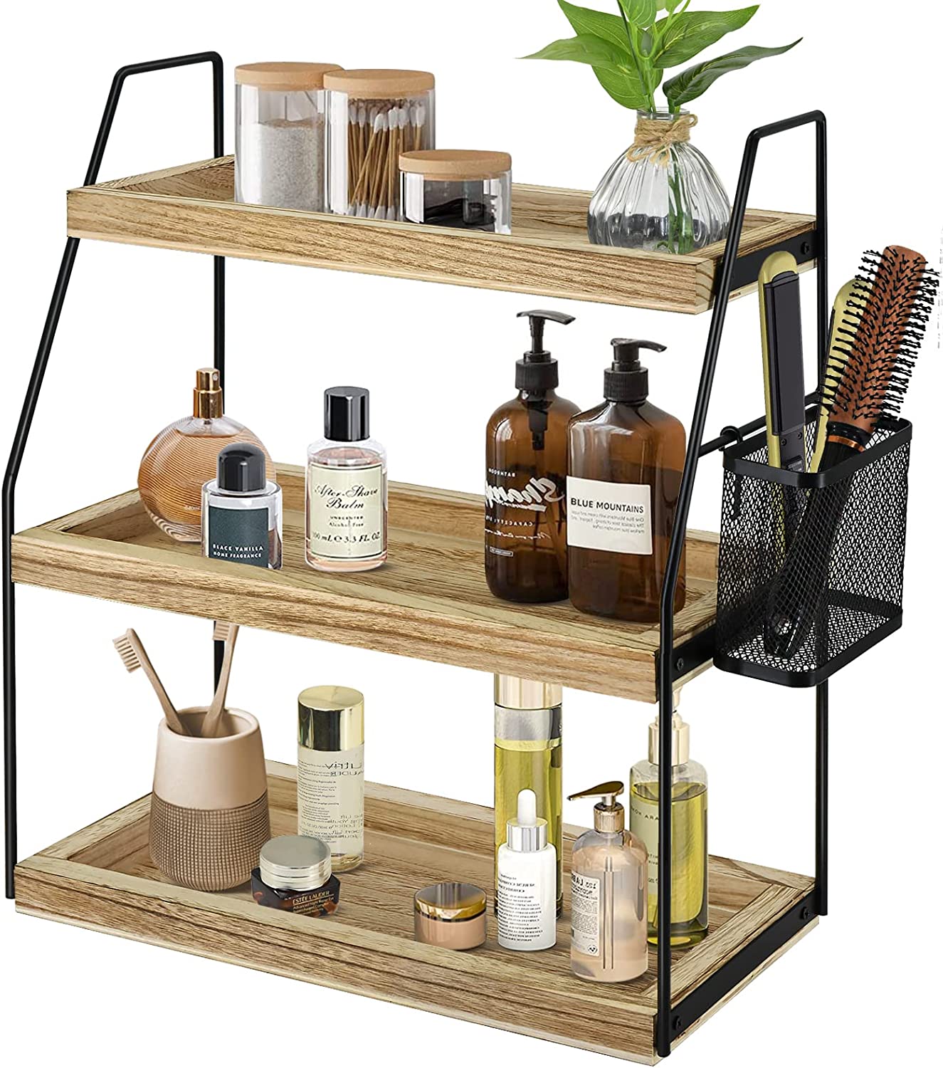 3-Tier Bathroom Counter Organizer, Wood Bathroom Countertop Vanity Organizer Bathroom Trays for Counter, Skincare Organizer Makeup Cosmetic Holder Standing Storage Shelf, Kitchen Spice Rack, Brown