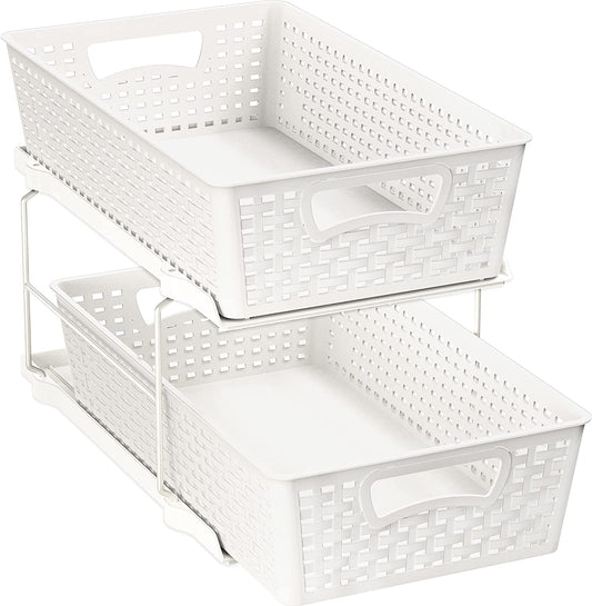 SimpleHouseware 2 Tier Bathroom Organizer Tray Pull-Out Sliding Drawer/Under-Sink Storage, White