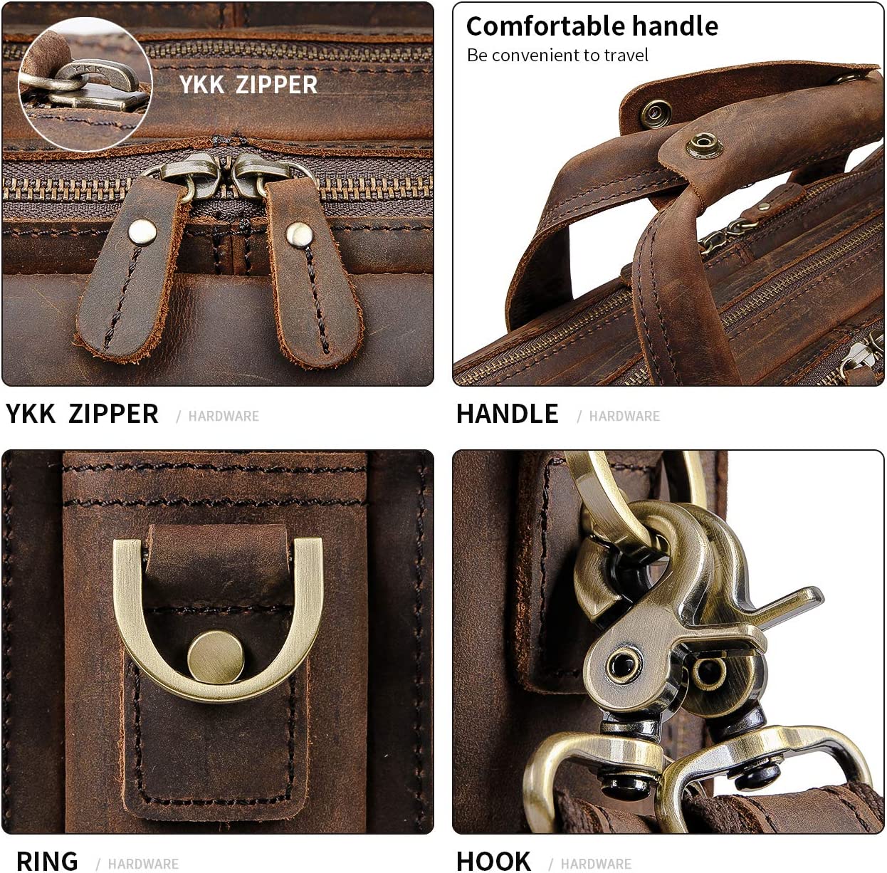 Augus Leather Briefcase for Men Business Travel Messenger Bags 15.6 Inch Laptop Bag YKK Metal Zipper, Brown