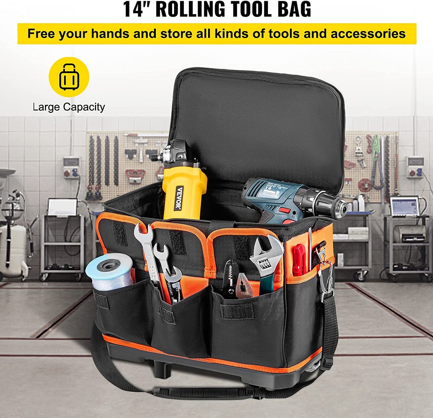 Rolling Tool Bag, 14in Tool Bag with Wheels, 17 Pockets Roller Tool Bag, 110lb Load Capacity Rolling Tool Bag w/Wheels, Roller Tool Box w/Two 2.56in Wheels, Rolling Tote w/Telescoping Handle