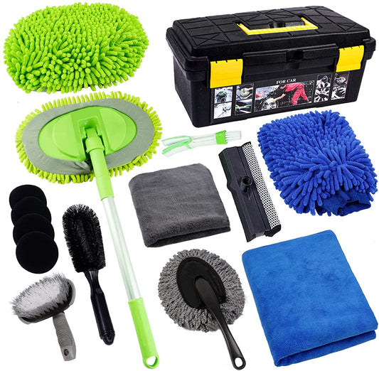 15pcs Car Cleaning Kit, Car Wash Brush Mop with 43" Long Handle, Chenille Microfiber Mitt, Extendable Long Pole Window Water Scraper for Interior and Exterior Car Detailing Kit