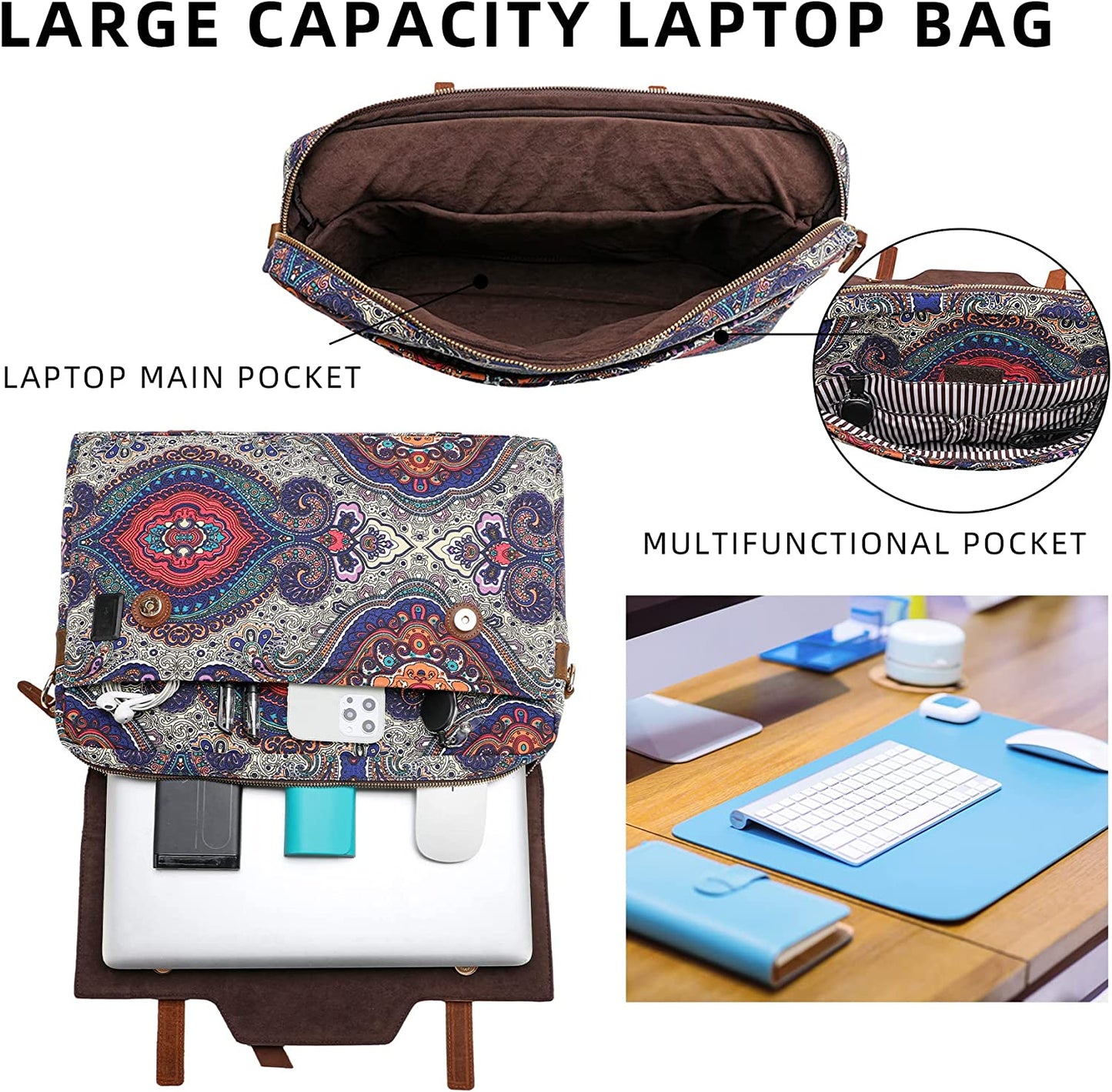 Bag for Women, 16.5 inch Computer Messenger Briefcase Bag with Shoulder Strap, Genuine Leather Work Bag