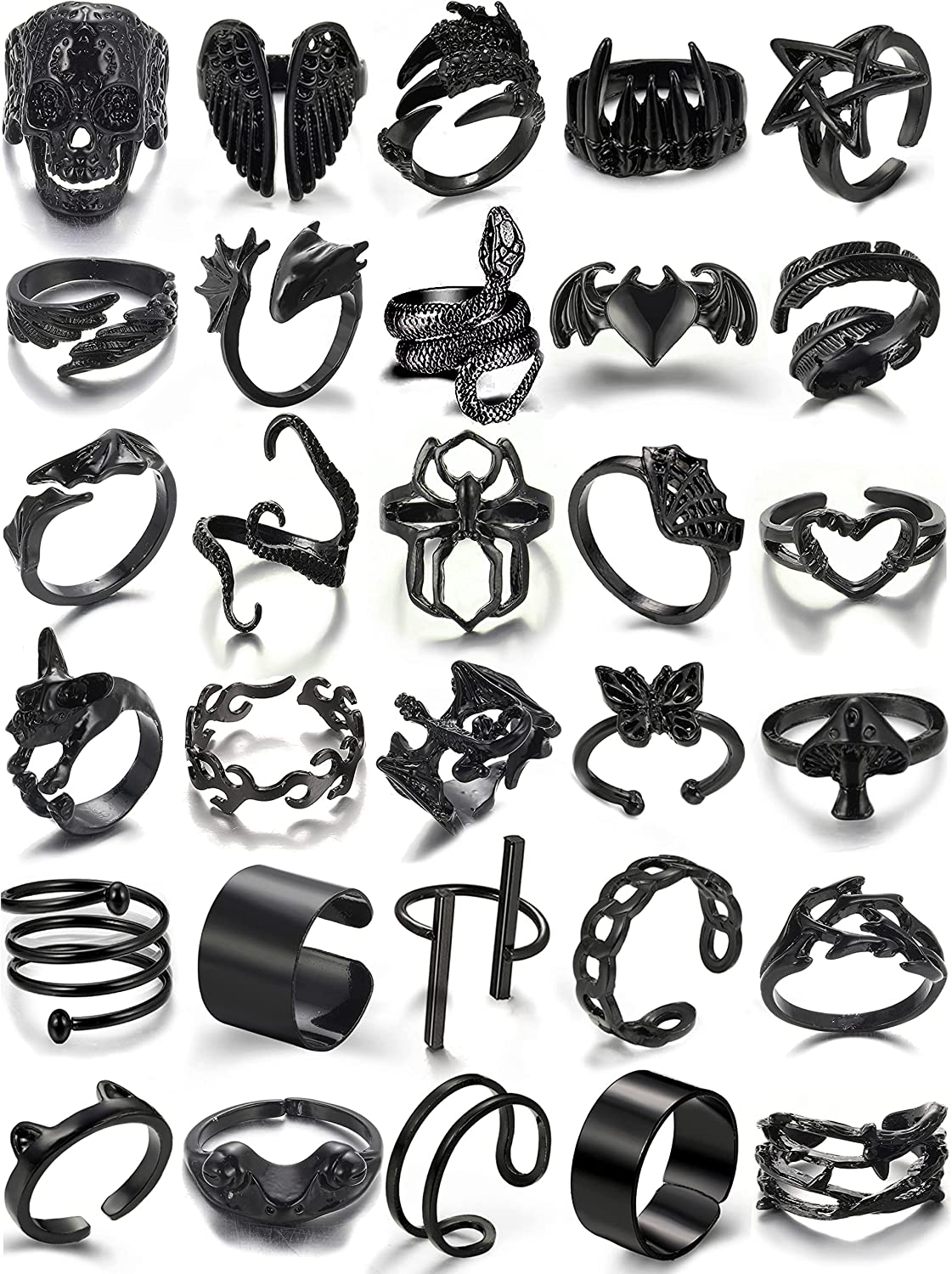 Vintage Silver Chain Punk Finger Rings for Men Women Girls,Cool Gothic Hip Pop Adjustable Full Four Open Rings,Statement Stackable Rings Set,Skull Snake Butterfly Flower Heart Eboy Emo Y2K Ring Set