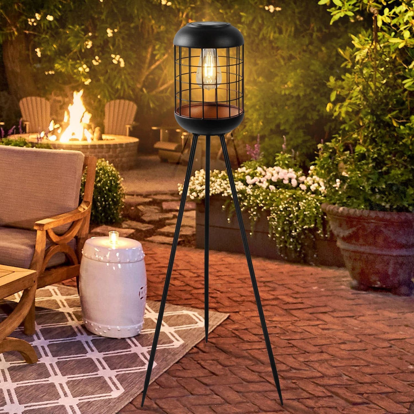 Solar Floor Lamp Outdoor Lights, Metal Solar Lamp Waterproof Large Lantern Outdoor Decoratiions for Patio Deck Lawn Yard Garden Pathway (Black)