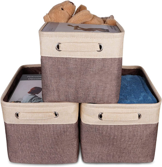 HOSEN Storage Basket Set 3 Pack Large 14 L x 10 W x 9 H - Collapsible Cotton Basket with 2 Handles Organizer Basket Bin Box for Organizing Shelf Nursery Home Closet （Coffee)