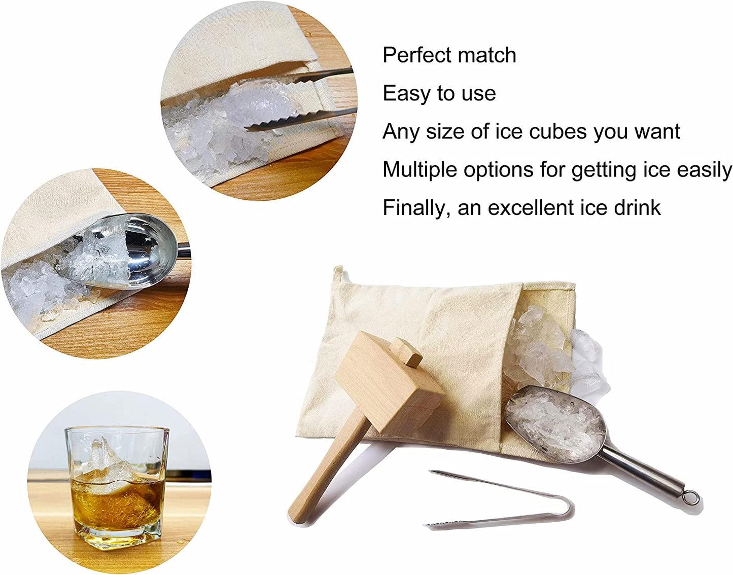 Lewis Bag and Ice Mallet,Ice Scoop and Clip,Manual Ice Crusher,Thick Canvas,Beech Wooden Mallet,Stainless Steel,Crushed Ice,Bar Tools Kitchen Accessories, 4 Pcs Set